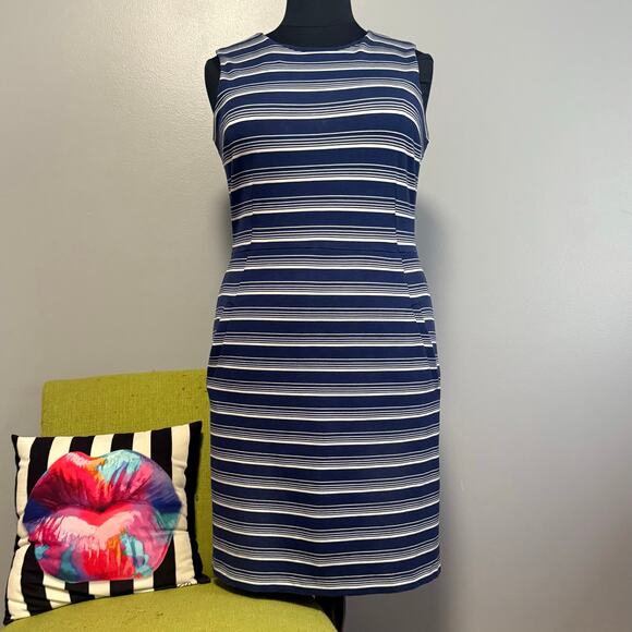 Lands End Blue White Striped Sleeveless Sheath Dress 18 Work Cocktail - Picture 1 of 5